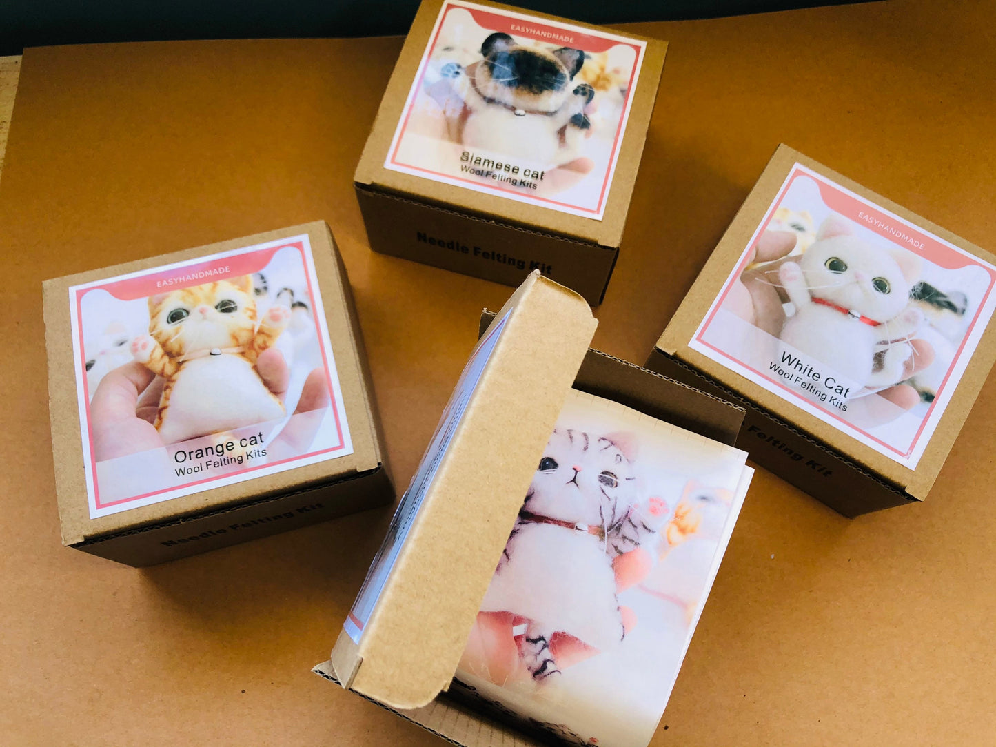 100% wool felting kits, felt cats, DIY felting kits, craft kits, handmade presents for birthdays, felt animals, cat brooches for cats lovers