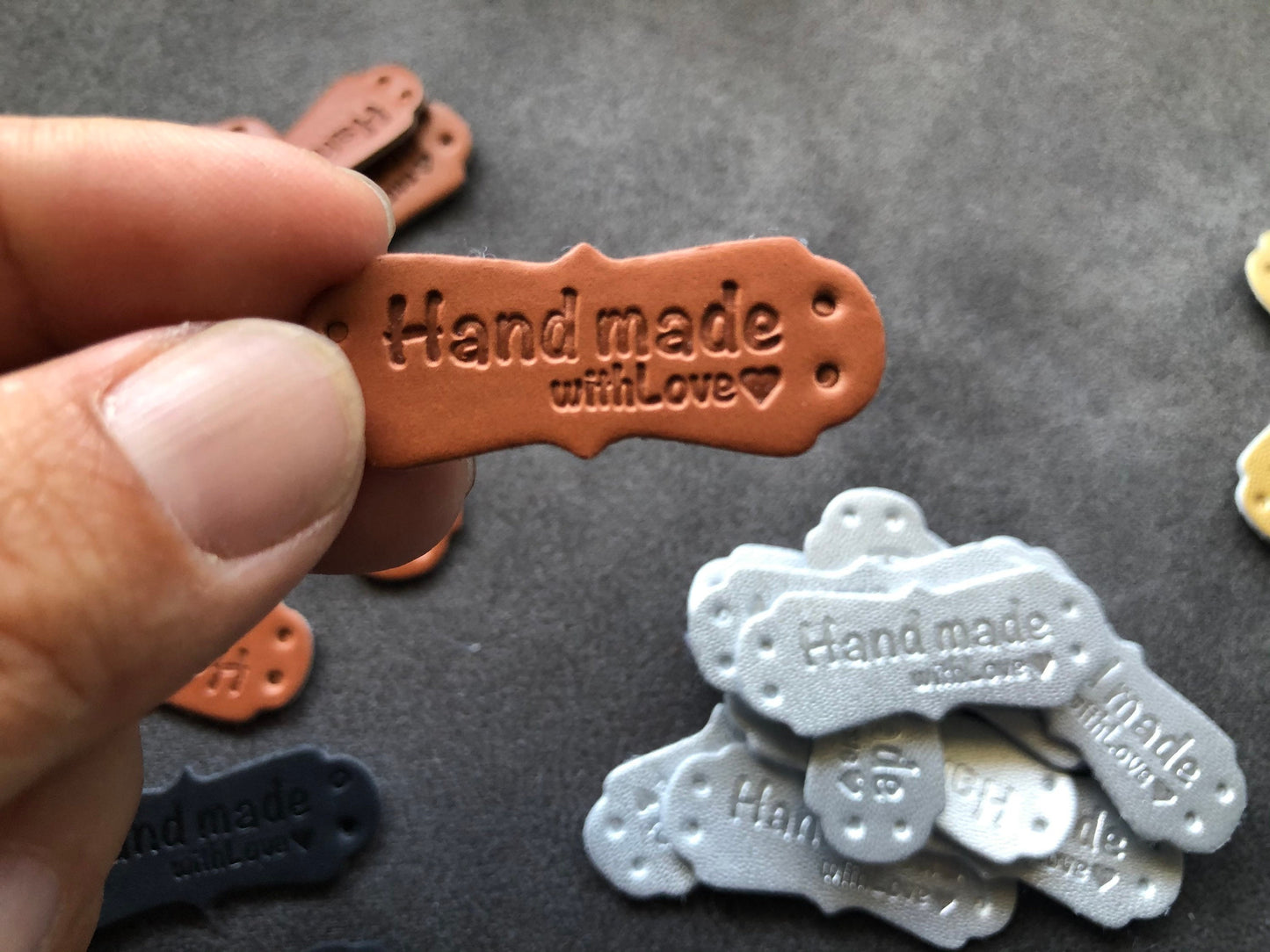 Leather labels for handmade bags, handmade with love labels for clothes, dolls, leather work, knitting, crochet and other craft projects
