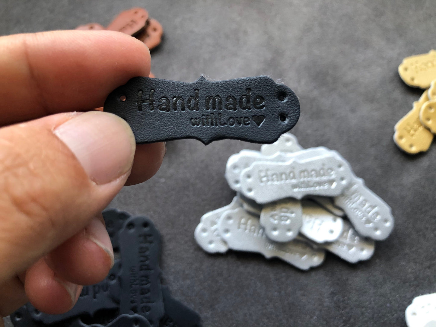 Leather labels for handmade bags, handmade with love labels for clothes, dolls, leather work, knitting, crochet and other craft projects