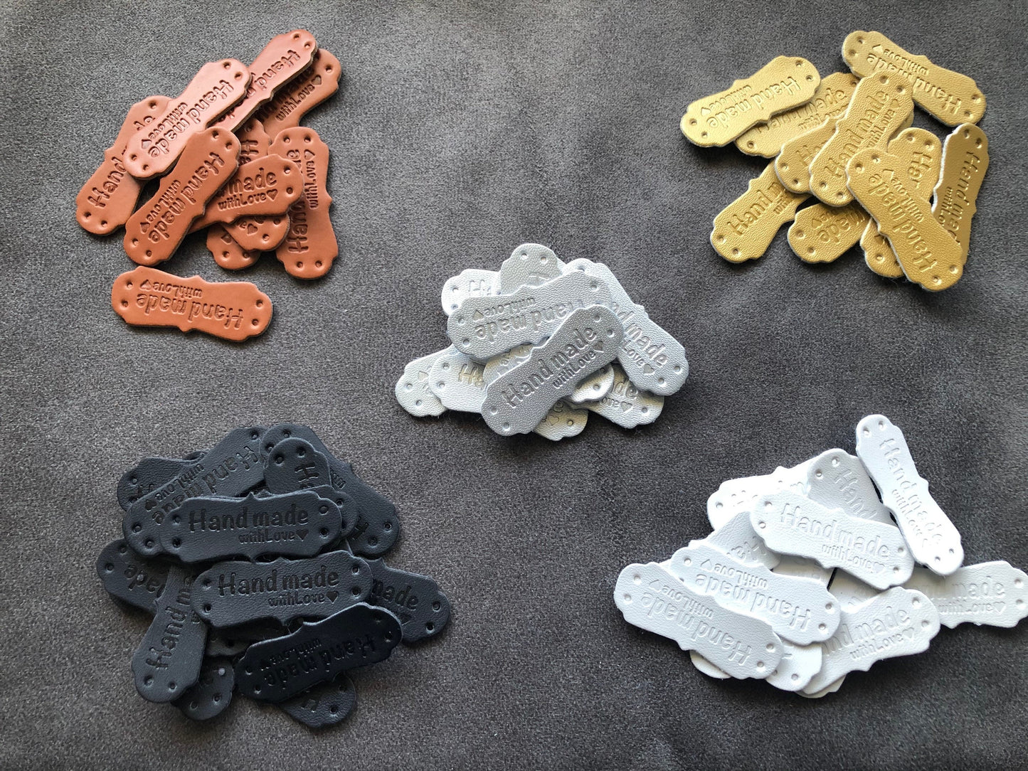 Leather labels for handmade bags, handmade with love labels for clothes, dolls, leather work, knitting, crochet and other craft projects