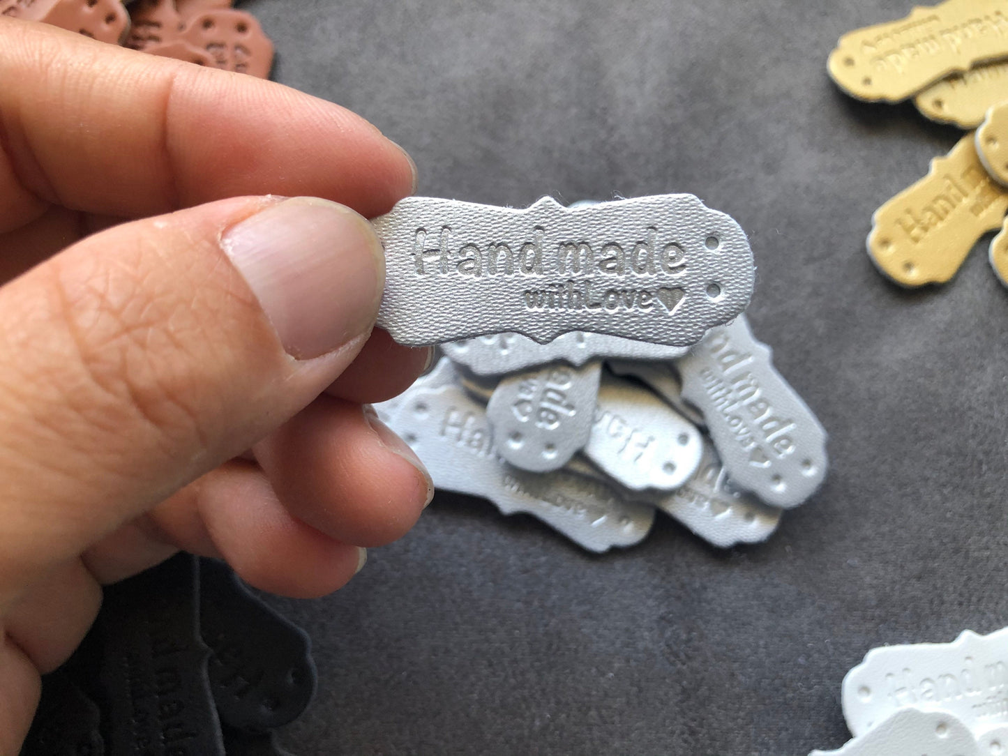 Leather labels for handmade bags, handmade with love labels for clothes, dolls, leather work, knitting, crochet and other craft projects