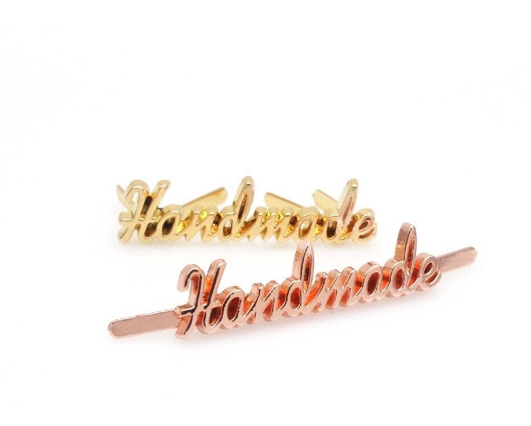 Script metal handmade labels for handmade bags, clothes, leather, knitting, crochet and craft projects
