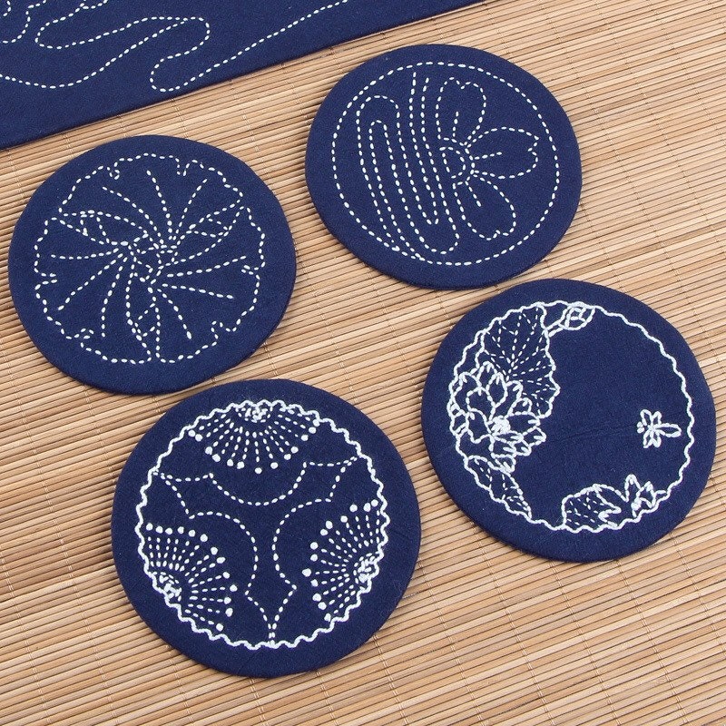 Sashiko style embroidery kits for beginners, easy to follow preprinted embroidery pattern, DIY coasters, learn to embroidery