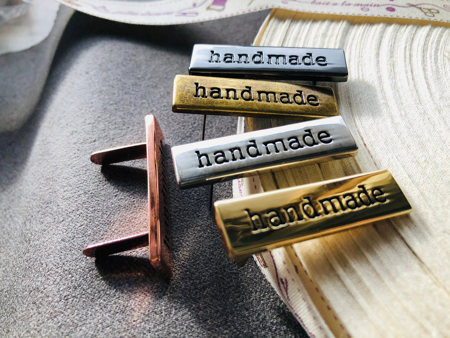 Rectangular metal handmade labels for handmade bags, clothes, leather, knitting, crochet and craft projects