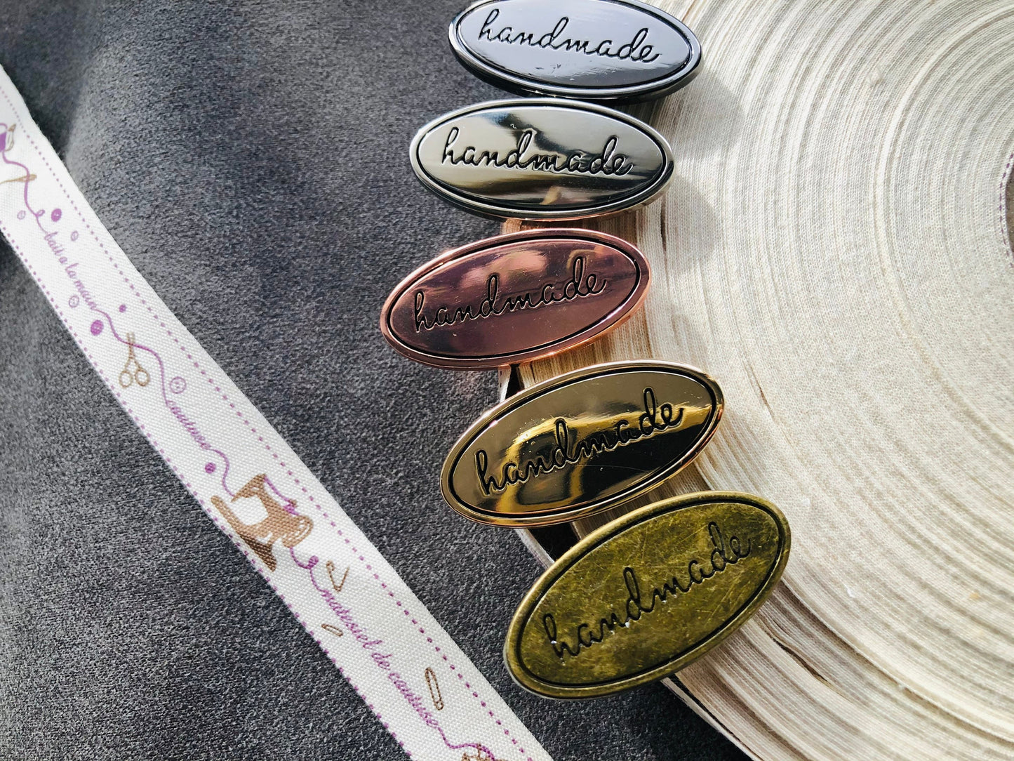 Oval metal handmade labels for handmade bags, clothes, leather, knitting, crochet and craft projects