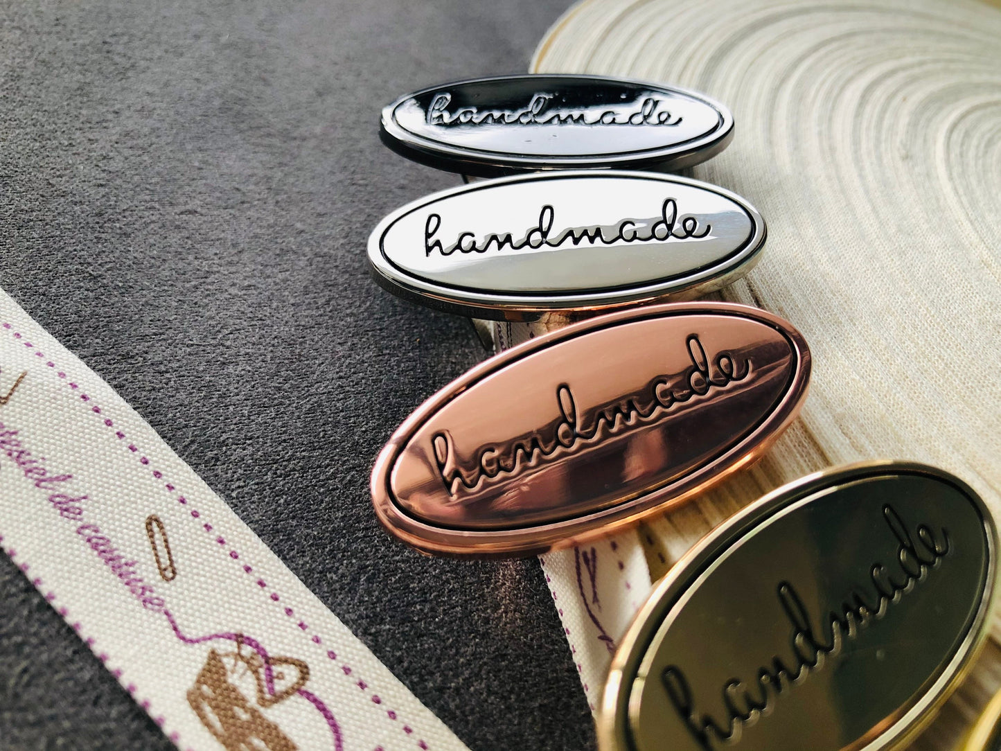 Oval metal handmade labels for handmade bags, clothes, leather, knitting, crochet and craft projects