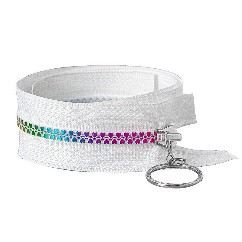 Size 5 rainbow zippers, black and white zipper tape with rainbow teeth, zips for jackets, hoodies and bags