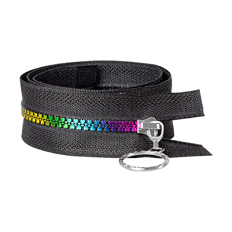 Size 5 rainbow zippers, black and white zipper tape with rainbow teeth, zips for jackets, hoodies and bags
