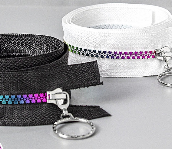 Size 5 rainbow zippers, black and white zipper tape with rainbow teeth, zips for jackets, hoodies and bags