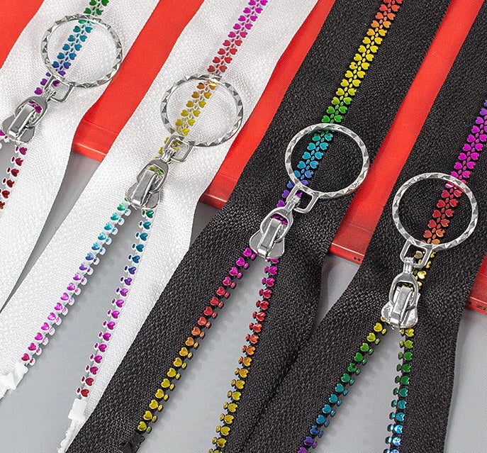 Size 5 rainbow zippers, black and white zipper tape with rainbow teeth, zips for jackets, hoodies and bags