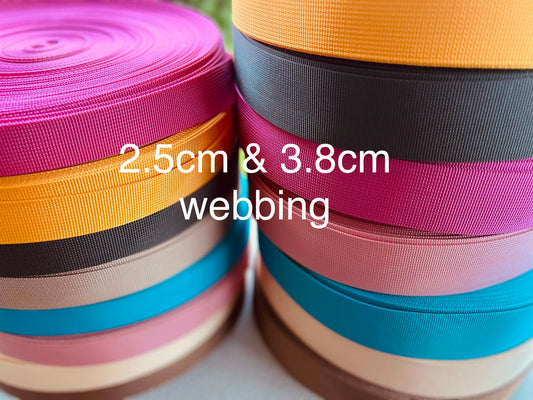 3m rolls of plain polyester webbing - 2.5 and 3.8cm DWS