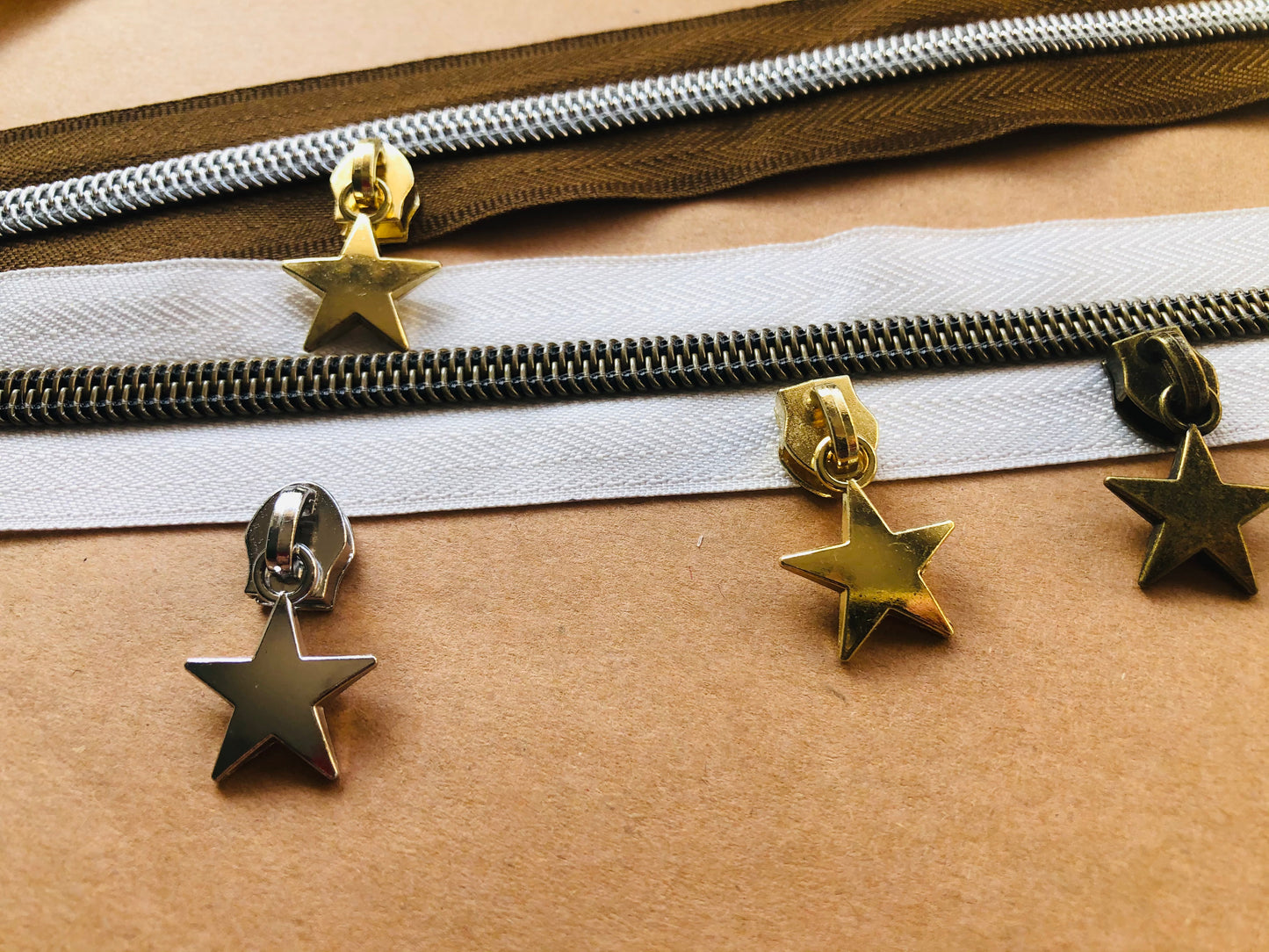 Star zipper pulls, Size 5 zipper pulls for nylon zipper tapes, zipper pulls in antique brass, sliver, gold, rose gold, gun metal