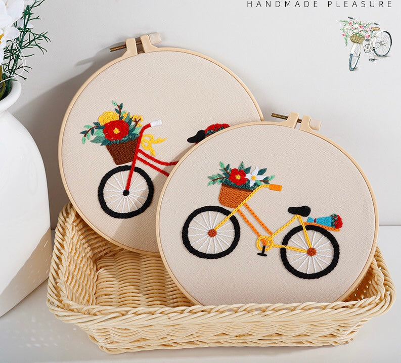Bicycle embroidery kits for beginners, easy to follow preprinted embroidery pattern, presents for her, holiday craft, learn to embroidery