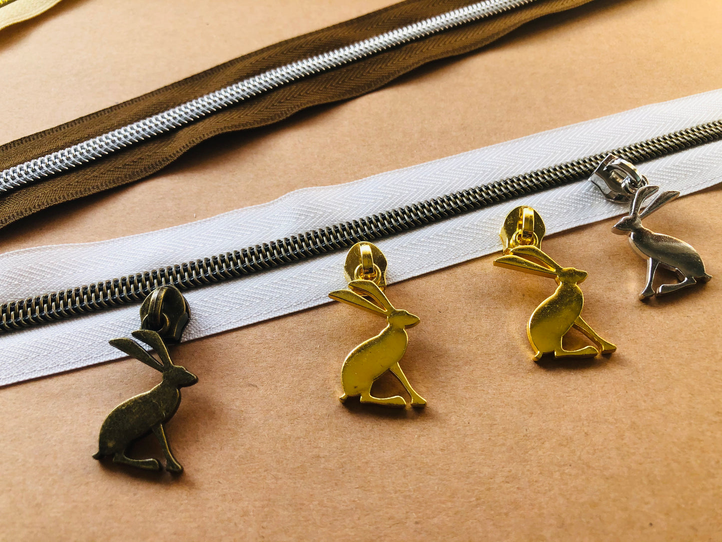 Bunny Zipper pulls, Size 5 zipper pulls for nylon zipper tapes, zipper pulls in antique brass, sliver, gold, rose gold, gun metal
