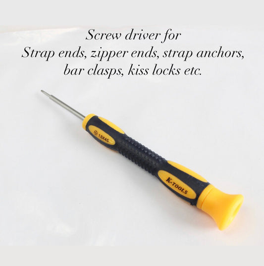 Small screw driver for strap ends, zipper ends, bar clasps, purse locks, kiss locks, strap anchors etc