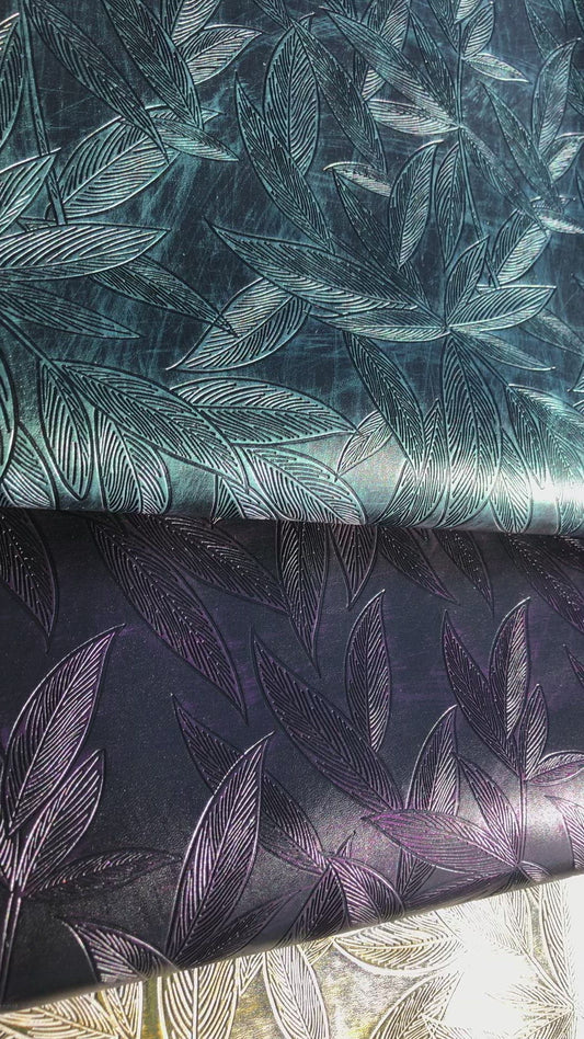 Leaves patterned Vinyl, embossed faux leather, synthetic leather, Vegan Pleather, artificial leather for bags, garments, and upholstery by the meter