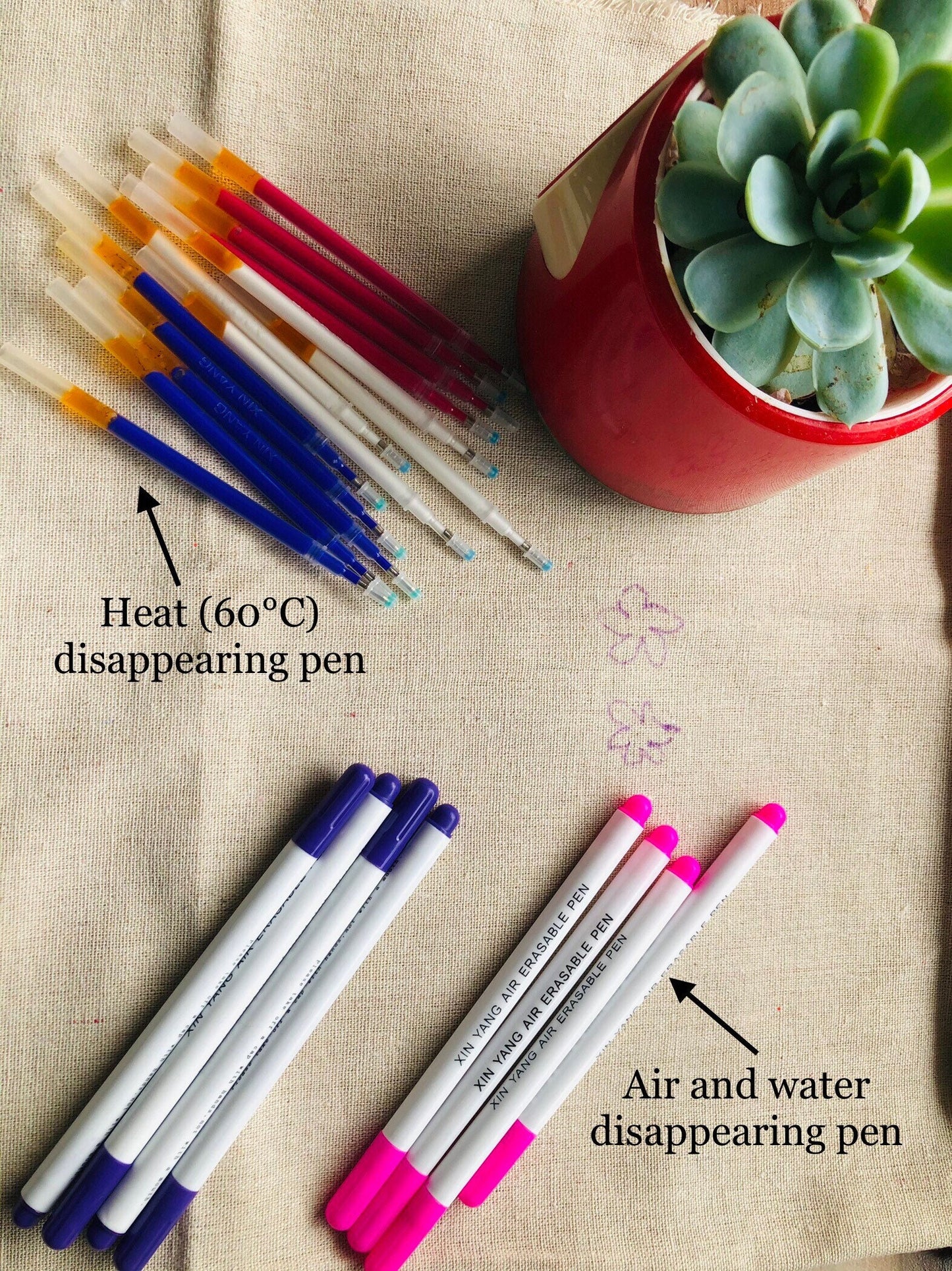 Mixed packs of 3 Disappearing markers, low heat disappearing pen, air erasable, water soluble pen for craft, sewing, leatherwork, embroidery dressmaking
