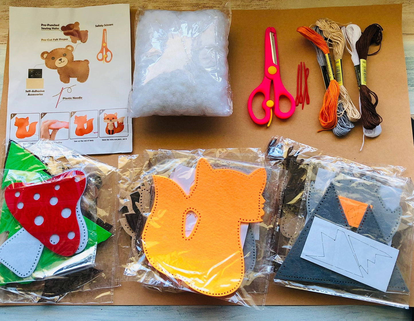 Wild animals felt craft kit, craft activities for children, handmade birthday presents, baby shower party decoration, hand sewing kit, felt animal
