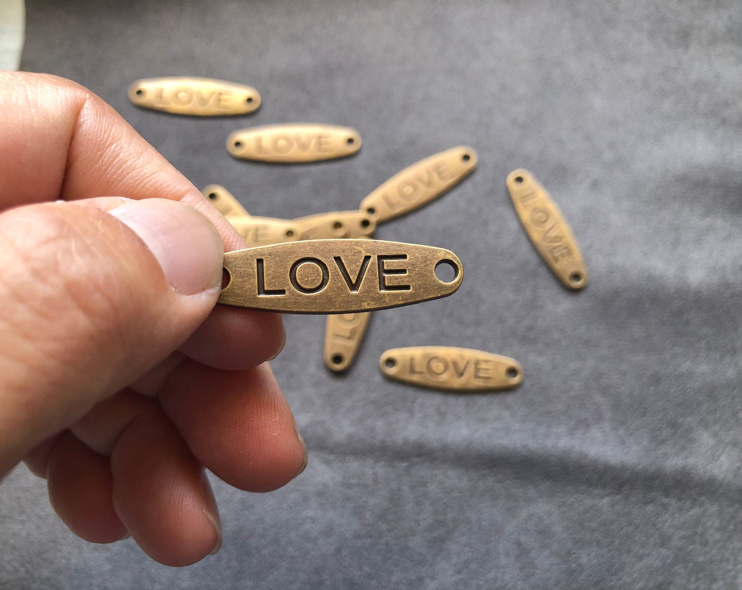 Metal labels for handmade bags, clothes, leather, knitting, crochet and craft projects, antique brass love tags, customized metal tags