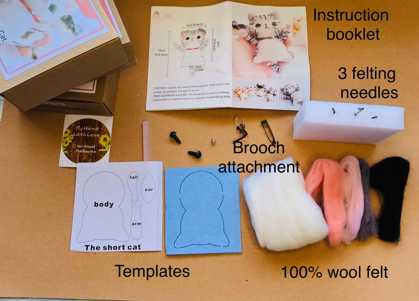 100% wool felting kits, felt cats, DIY felting kits, craft kits, handmade presents for birthdays, felt animals, cat brooches for cats lovers