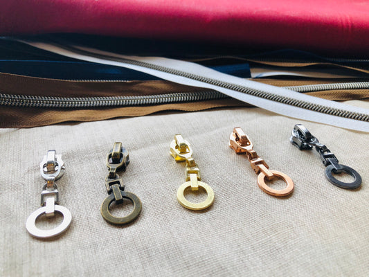 Size 5 zipper pulls for nylon zipper tapes, zipper pulls in antique brass, sliver, gold, rose gold, gun metal