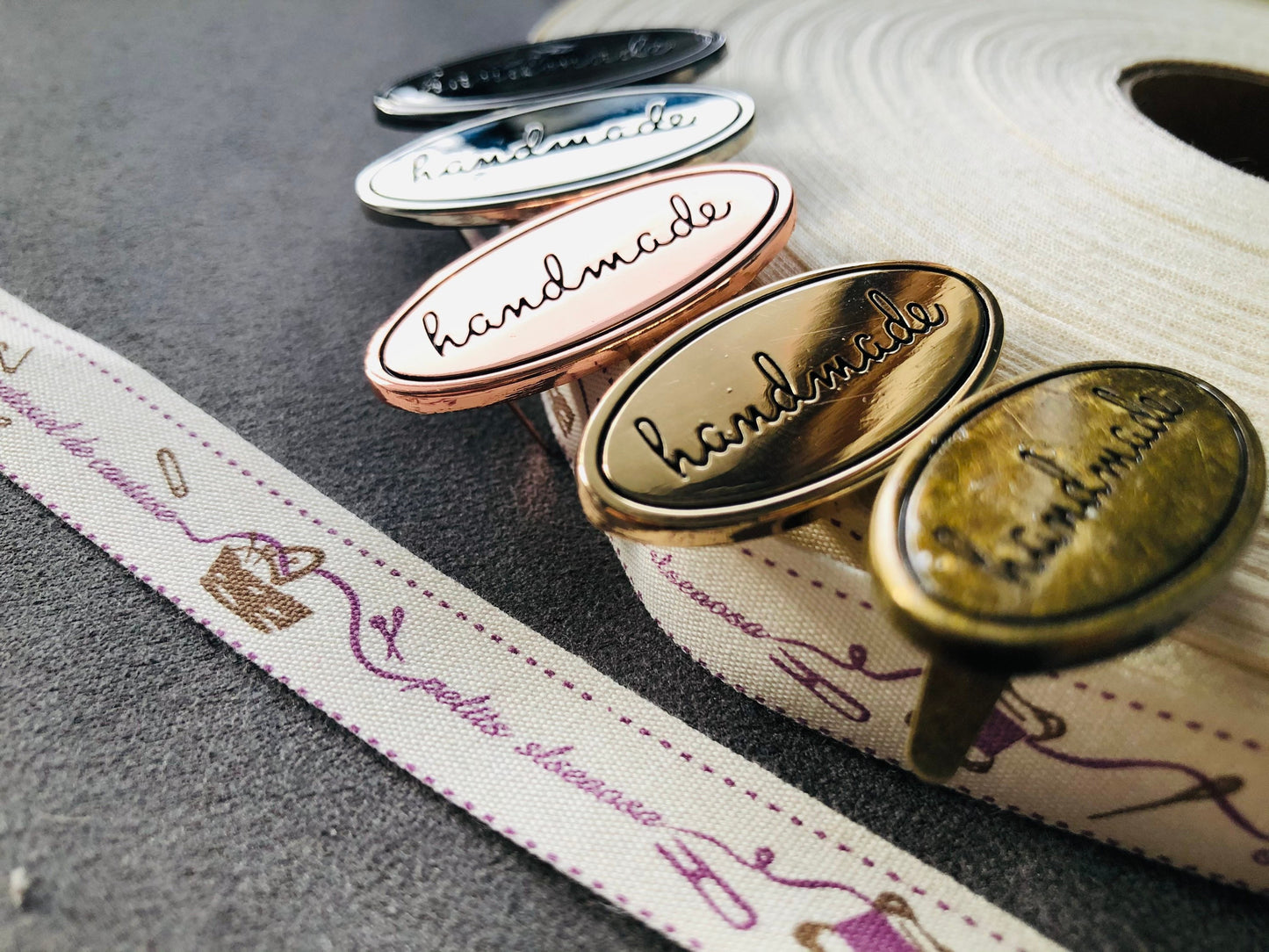 Oval metal handmade labels for handmade bags, clothes, leather, knitting, crochet and craft projects