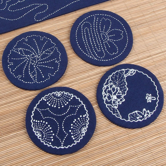 Sashiko style embroidery kits for beginners, easy to follow preprinted embroidery pattern, DIY coasters, learn to embroidery