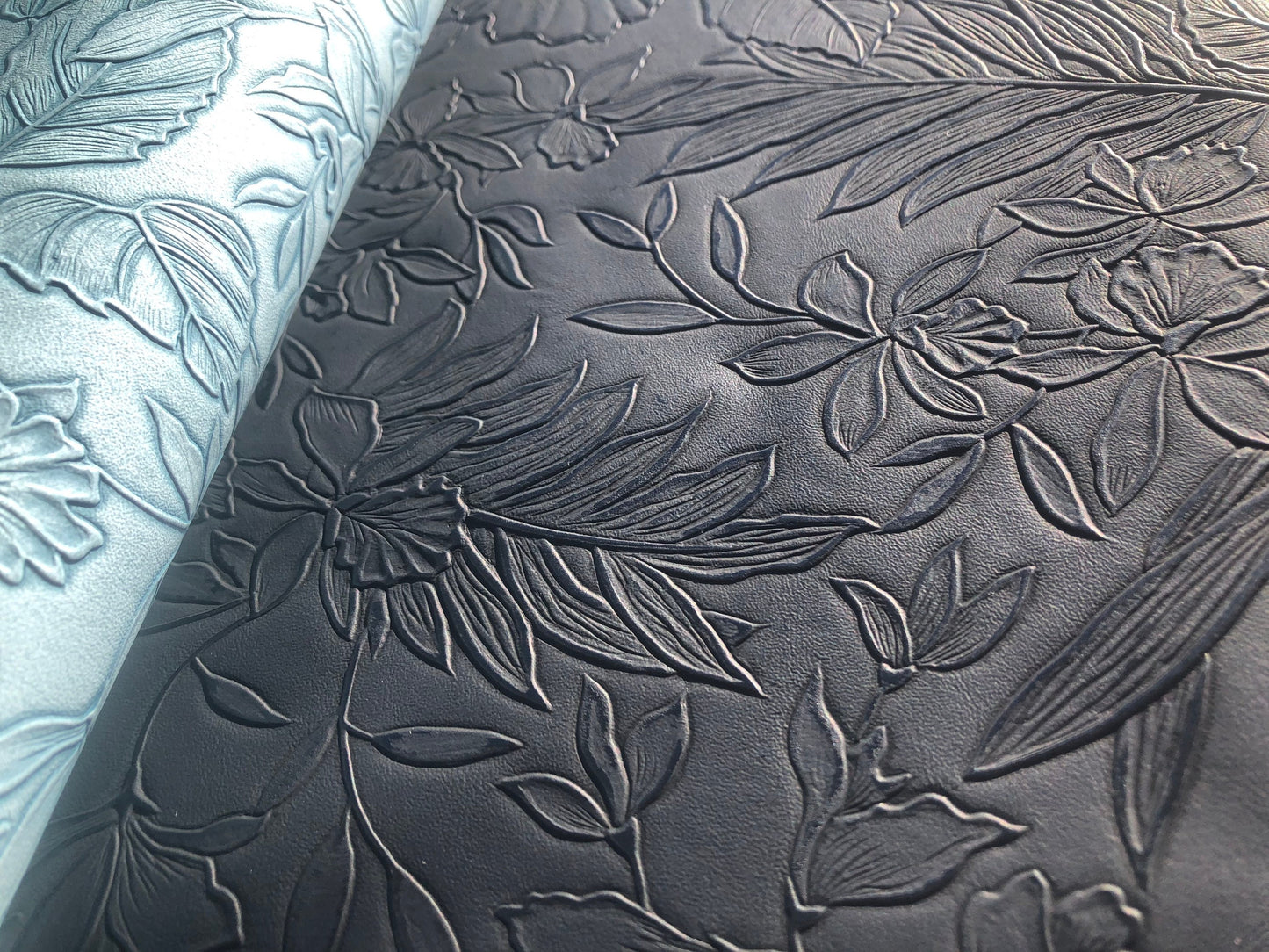 Floral embossed faux leather, synthetic leather, Vegan Pleather, artificial leather for bags, garments, and upholstery by the meter