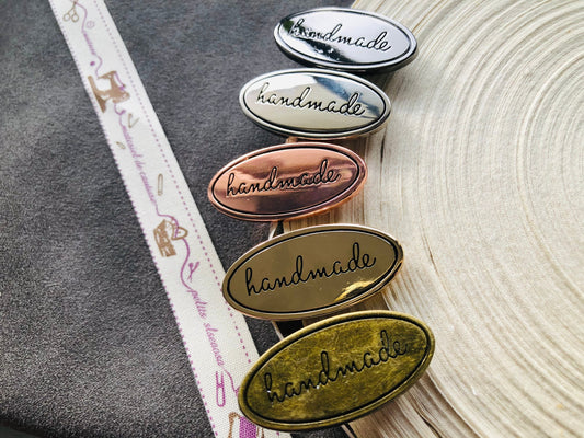 Oval metal handmade labels for handmade bags, clothes, leather, knitting, crochet and craft projects