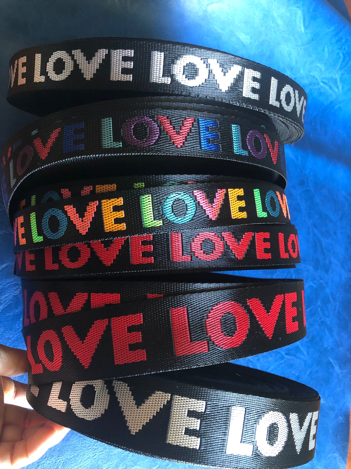 3m of Rainbow webbing, LOVE patterned webbing, 2.5 cm and 3.8cm, 1 inch and 1.5 inch width polyester straps