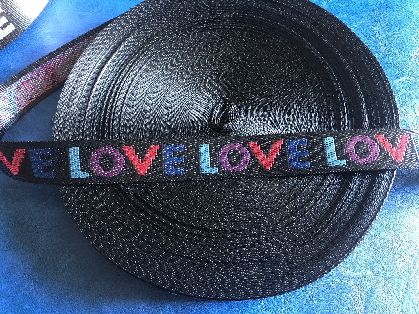 3m of Rainbow webbing, LOVE patterned webbing, 2.5 cm and 3.8cm, 1 inch and 1.5 inch width polyester straps