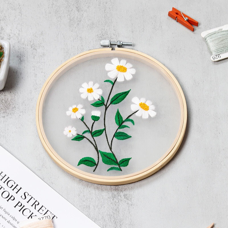 Flowers on clear background embroidery kits, Embroidery kits for beginners, easy to follow preprinted embroidery pattern, presents for her, holiday craft, learn to embroidery