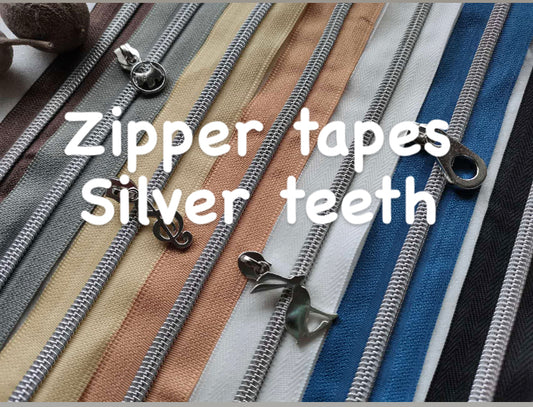 Silver teeth size 5 zipper tapes by the meter, nylon zipper tape with silver look teeth, cut to length zipper tapes, zipper tapes for bags