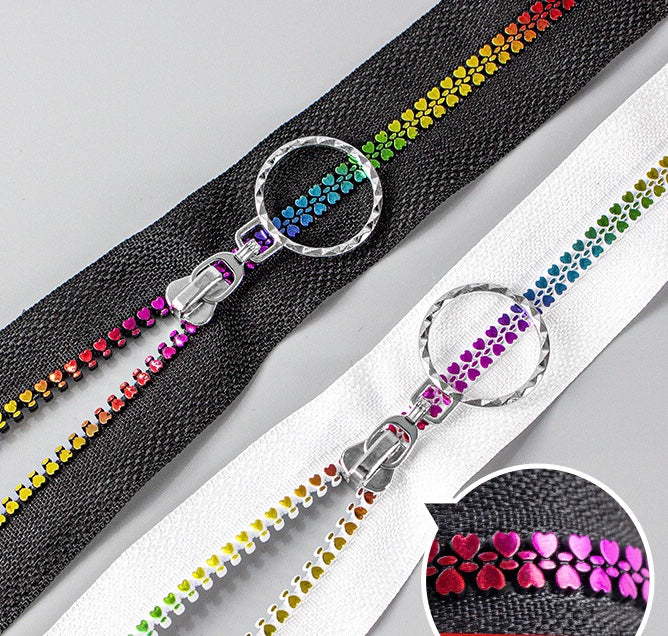 Size 5 rainbow zippers, black and white zipper tape with rainbow teeth, zips for jackets, hoodies and bags